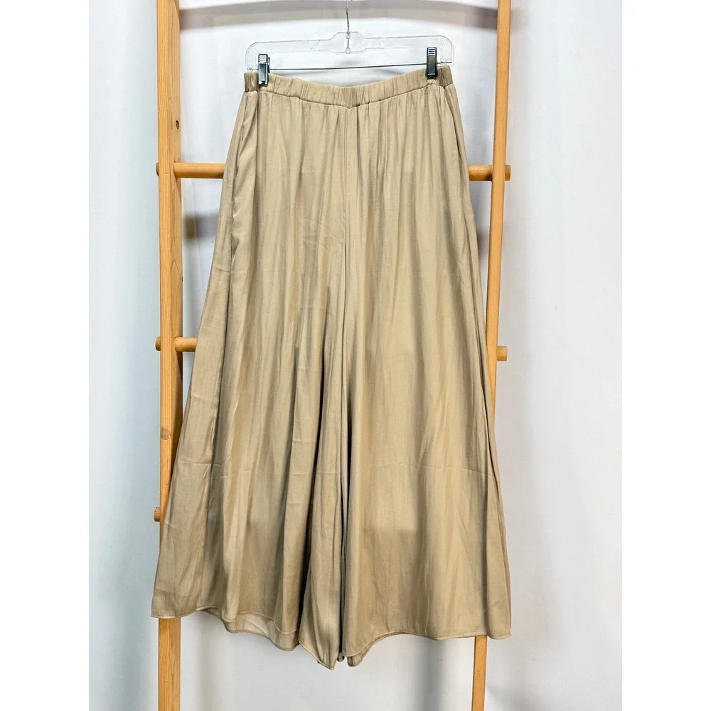 Grade&Gather Tan Wide Leg Flowy Pants Elastic Waist Khaki Palazzo Trousers M